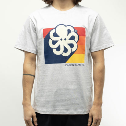 tee shirt gris chiné jonsen island 3d colors vue de face avec poulpe blanc et bandes multicolores 