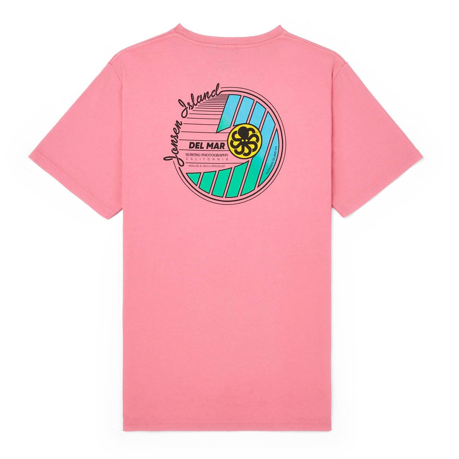 vue à plat de dos t-shirt rose logo retro 80's vague et poulpe