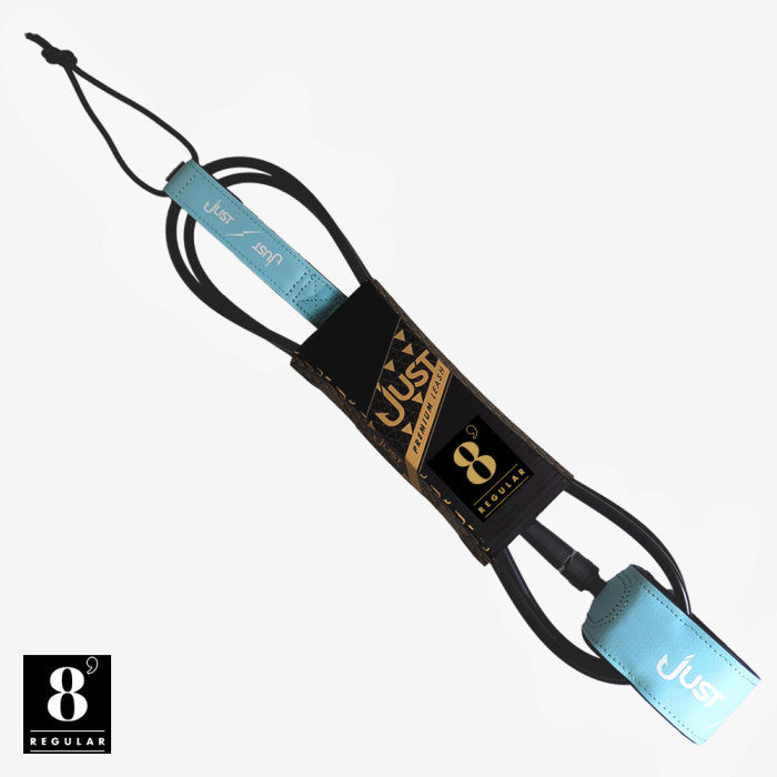 just leash surf 8' bleu vu replié dans son carton d'emballage