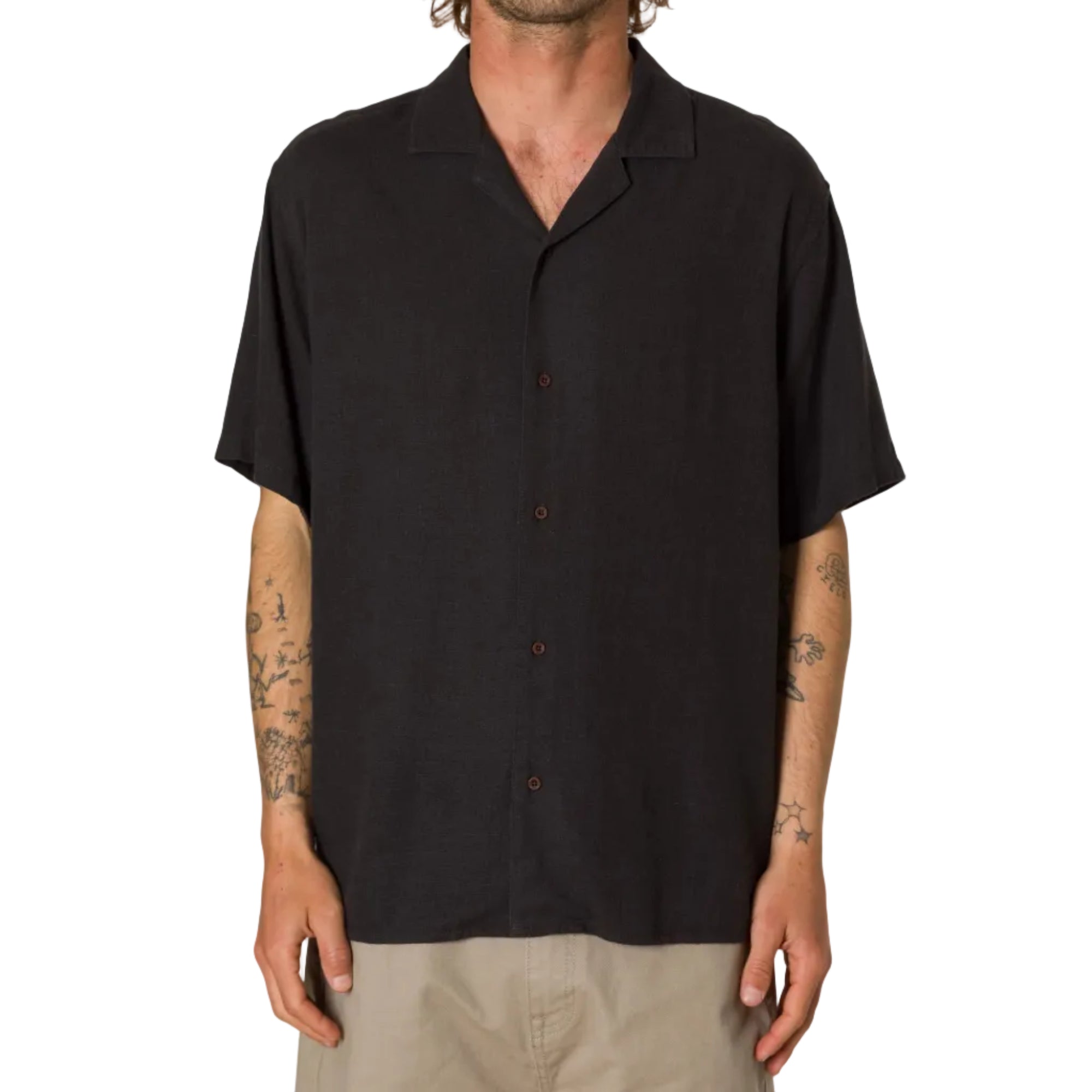 chemise noire homme katin teller  legere col cubain vue de face