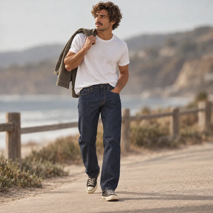 Jeans Katin Ren 57 Classic Straight Raw Indigo bleu indigo foncé porté avec un t-shirt blanc et des baskets noires, en marchant sur un chemin côtier.