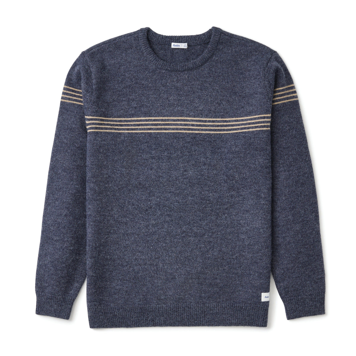 Pull surfwear Katin Charles bleu marine, fines rayures horizontales beige sur la poitrine et le haut des manches