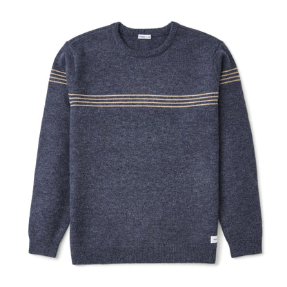 Pull surfwear Katin Charles bleu marine, fines rayures horizontales beige sur la poitrine et le haut des manches