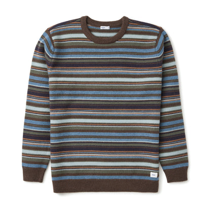 Pull col rond surfwear Katin Hitch Tempest blue à fines rayures horizontales bleu clair, brun, gris et beige sur l’ensemble du vêtement