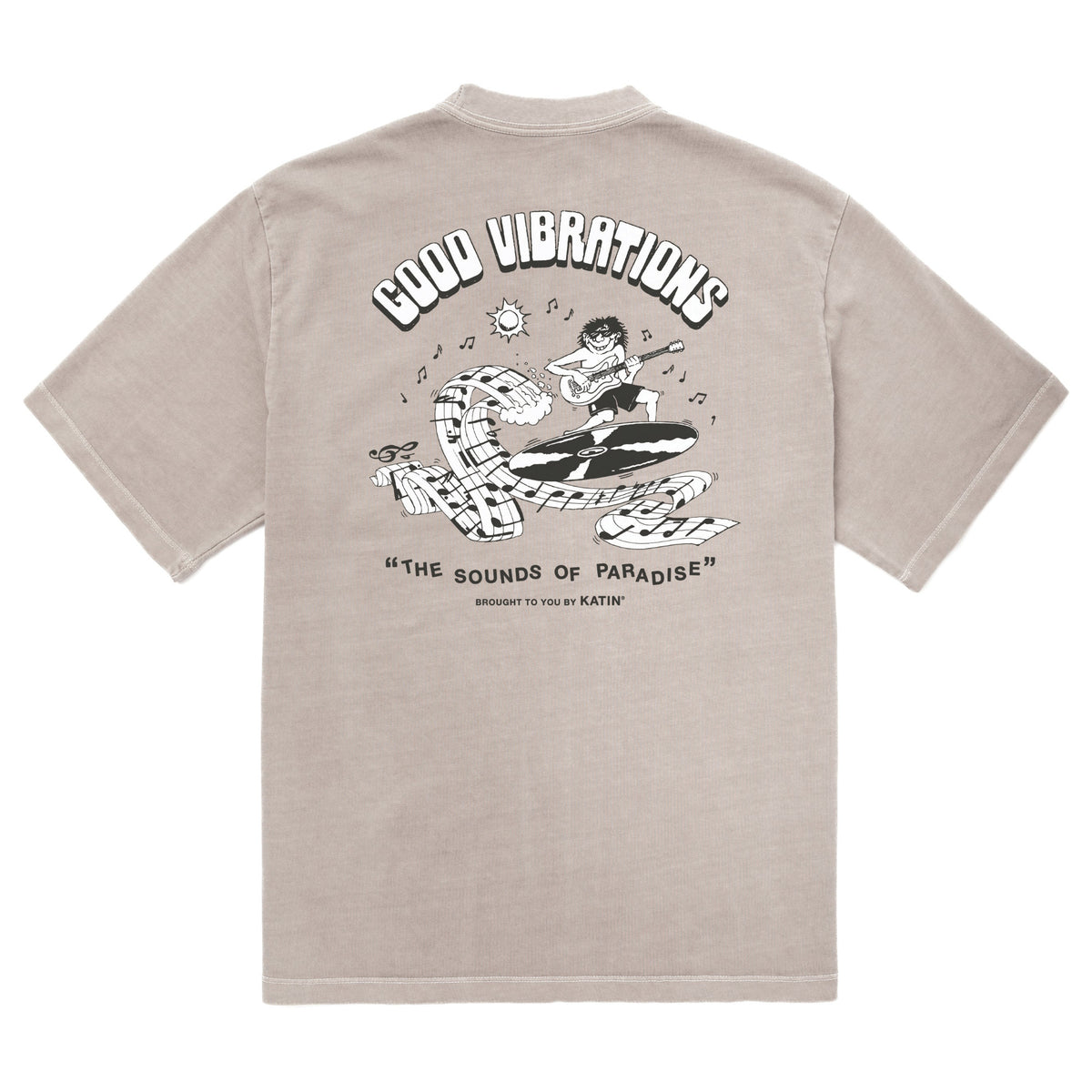 Dos du t-shirt Katin Surf Rock Box Fit Tee Cement vintage wash, grand visuel noir et blanc avec lettrage Good Vibrations