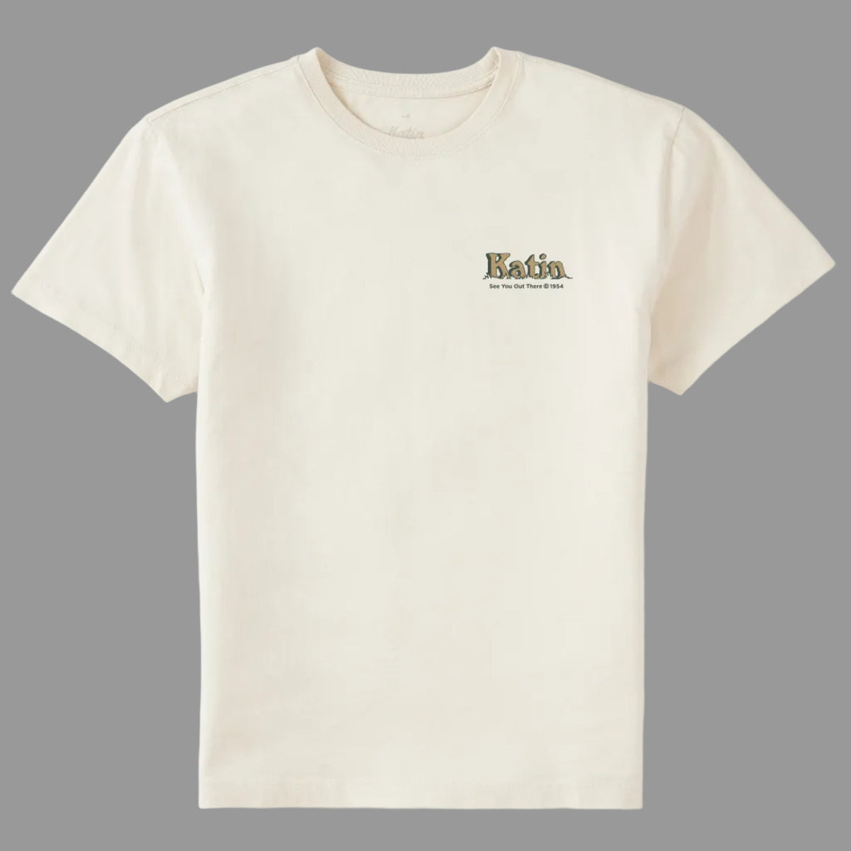 Face du tee-shirt surfwear blanc cassé, avec petit logo Katin discret imprimé sur la poitrine