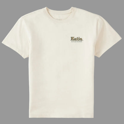 Face du tee-shirt surfwear blanc cassé, avec petit logo Katin discret imprimé sur la poitrine