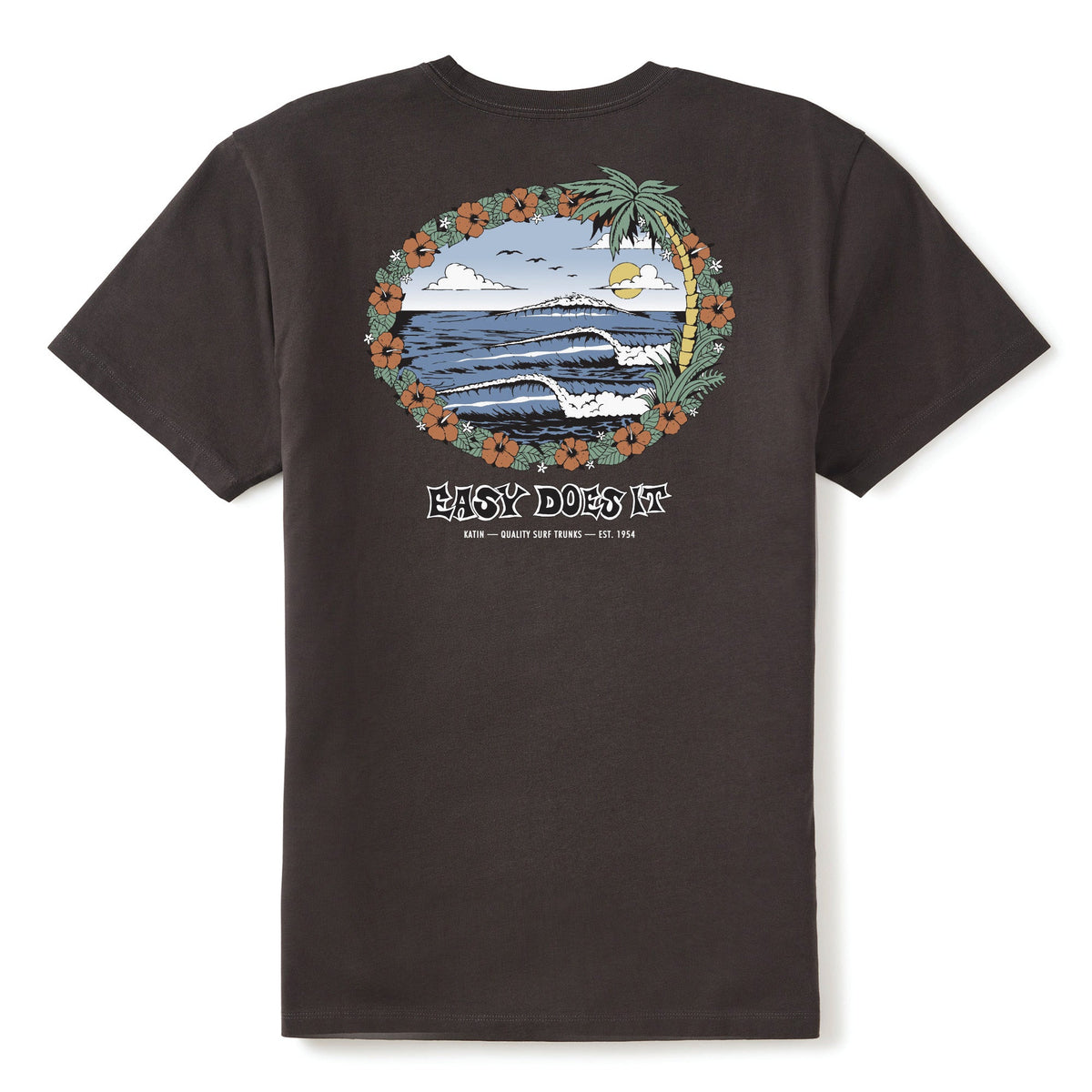 Grand visuel dorsal du t-shirt Katin Barra Black wash, paysage marin avec vague, soleil et bordure florale, lettrage Easy Does It