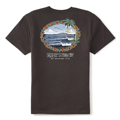Grand visuel dorsal du t-shirt Katin Barra Black wash, paysage marin avec vague, soleil et bordure florale, lettrage Easy Does It