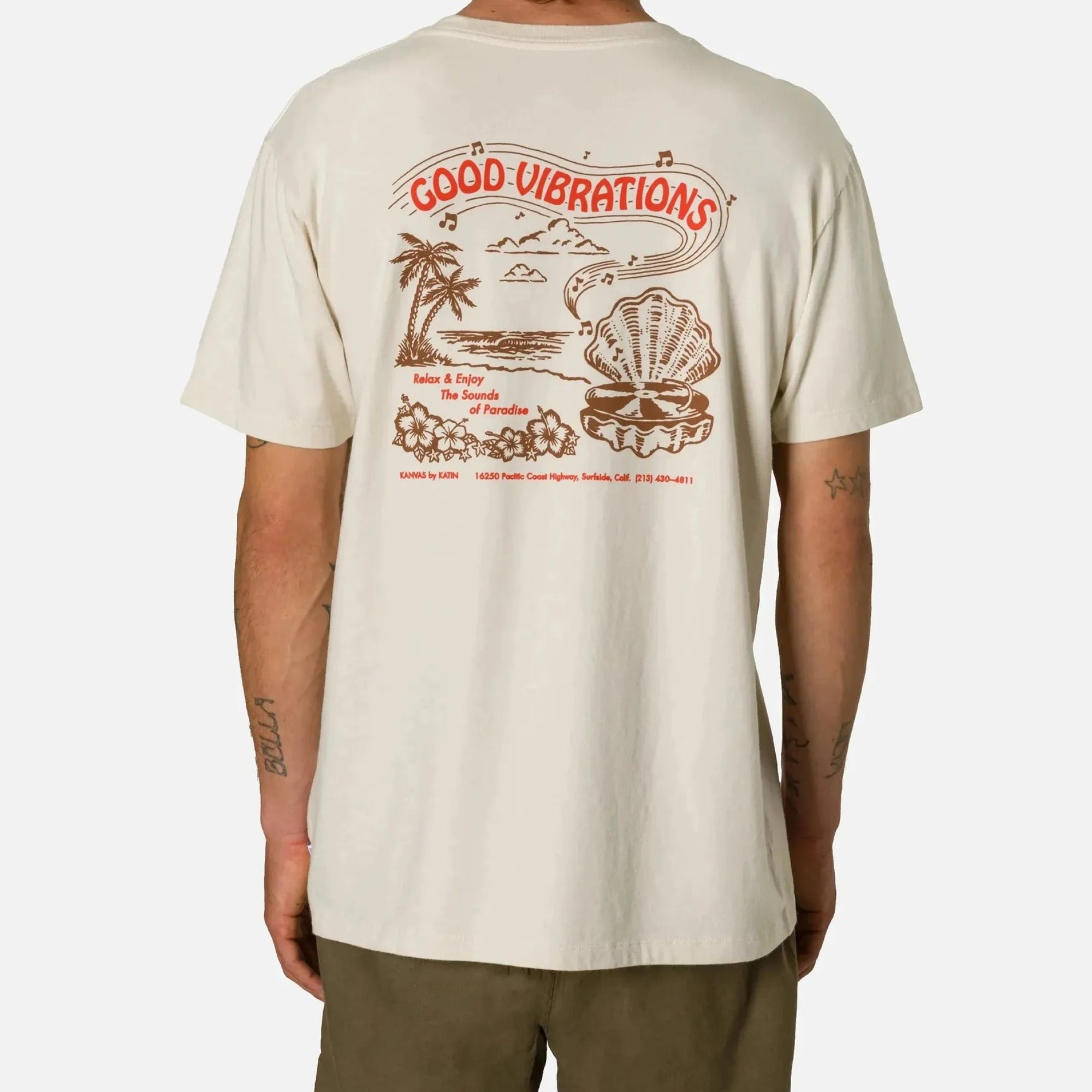 KATIN TEE SHIRT VIBRATIONS Vintage white porte par homme dessin coquillage plage palmier musique