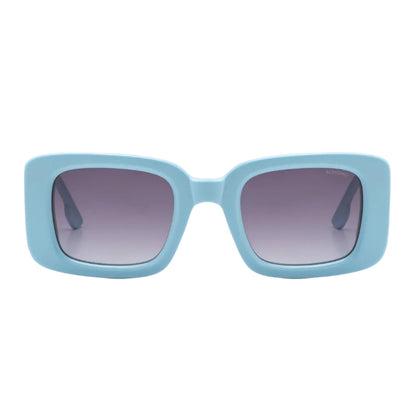 vue de face monture bleue et verres roses