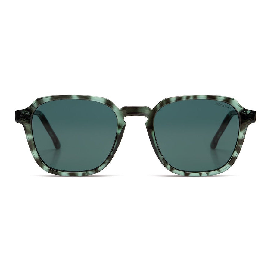 vue de face détail monture verte zebrée transparente