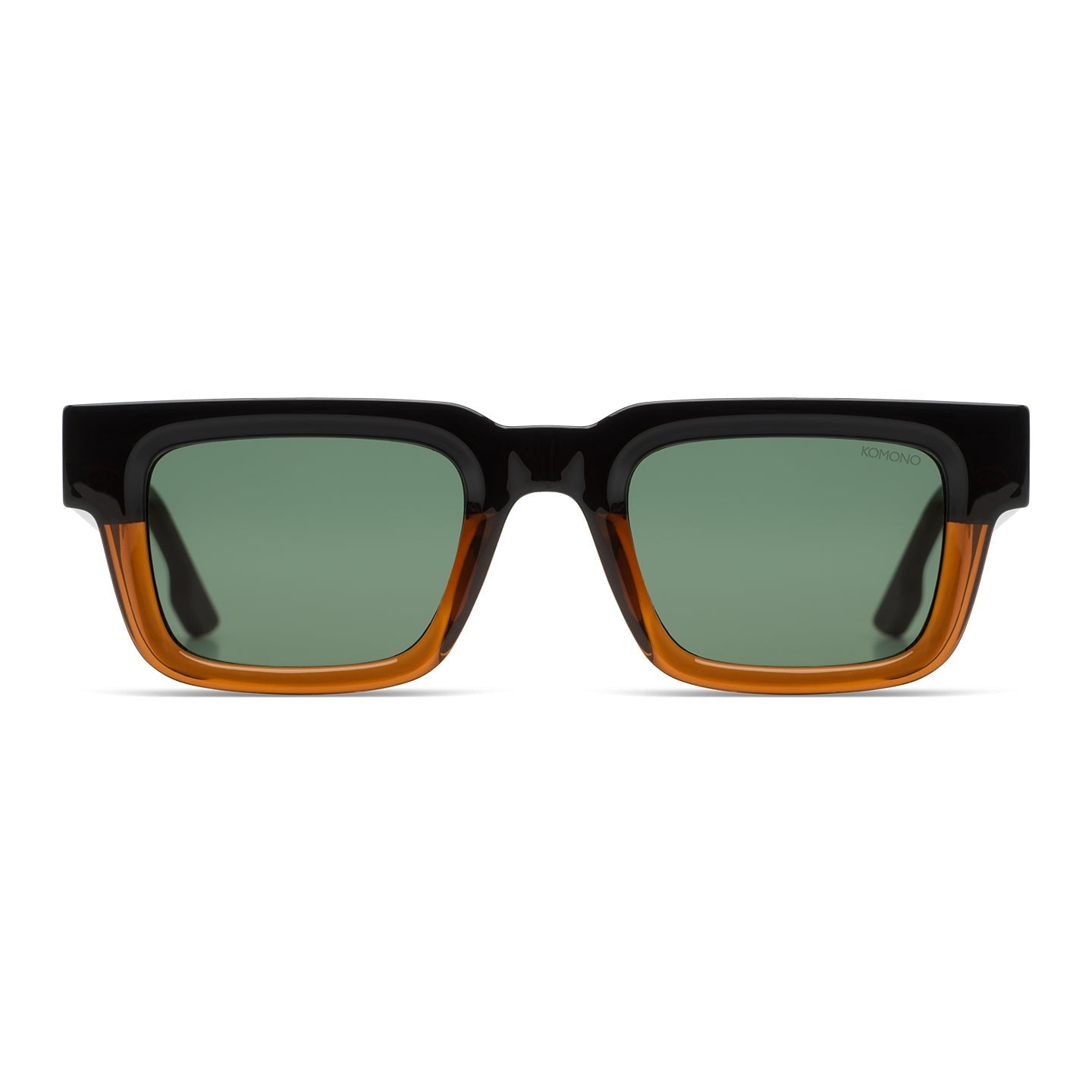 vue de face monture rectangulaire noire et marron et verres vert