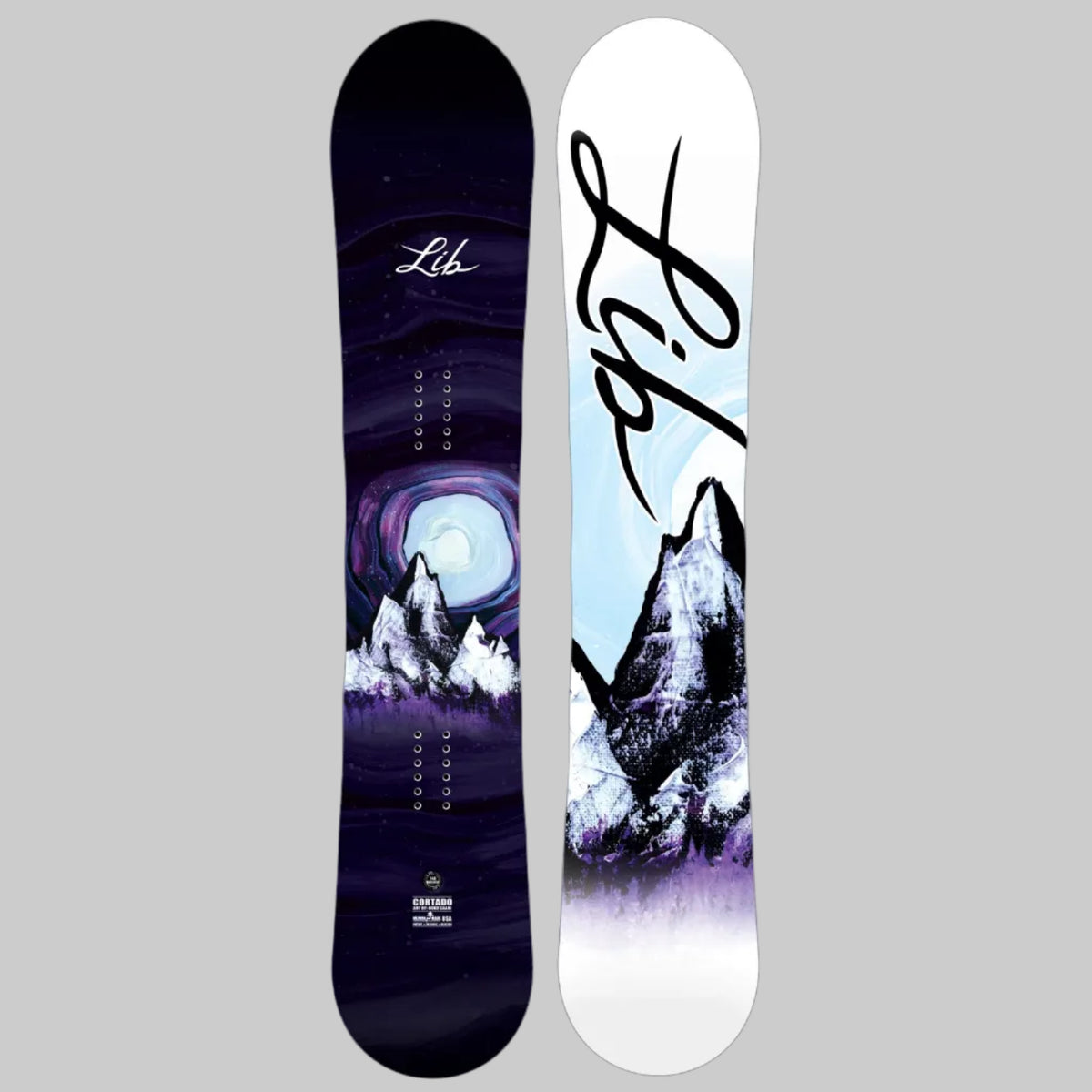Snowboard femme Lib Tech Cortado 148 cm, topsheet violet illustré d'un paysage montagneux et semelle blanche avec grand logo Lib Tech noir.