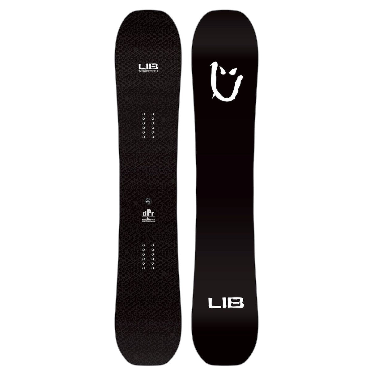 Snowboard Lib Tech DPR, vue complète du topsheet et de la semelle noirs, shape directional twin et logos blancs.