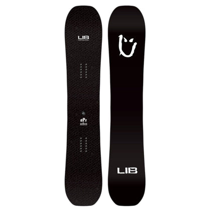 Snowboard Lib Tech DPR, vue complète du topsheet et de la semelle noirs, shape directional twin et logos blancs.