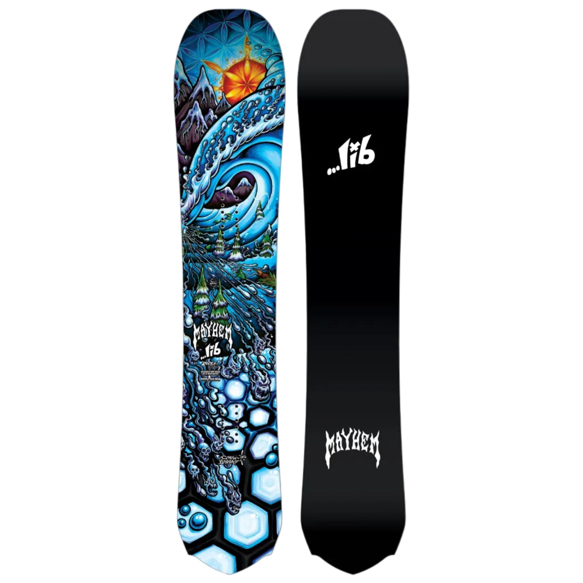 Snowboard Lib Tech Mayhem Rocket 157,5 cm, vues du topsheet à illustration multicolore et de la semelle noire, shape directionnel à nose élargi et tail effilé.