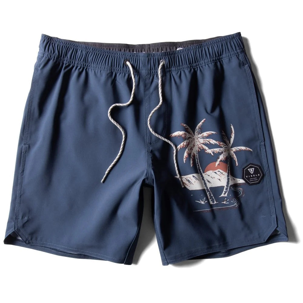 short de surf bleu vissla avec palmier pour garcon