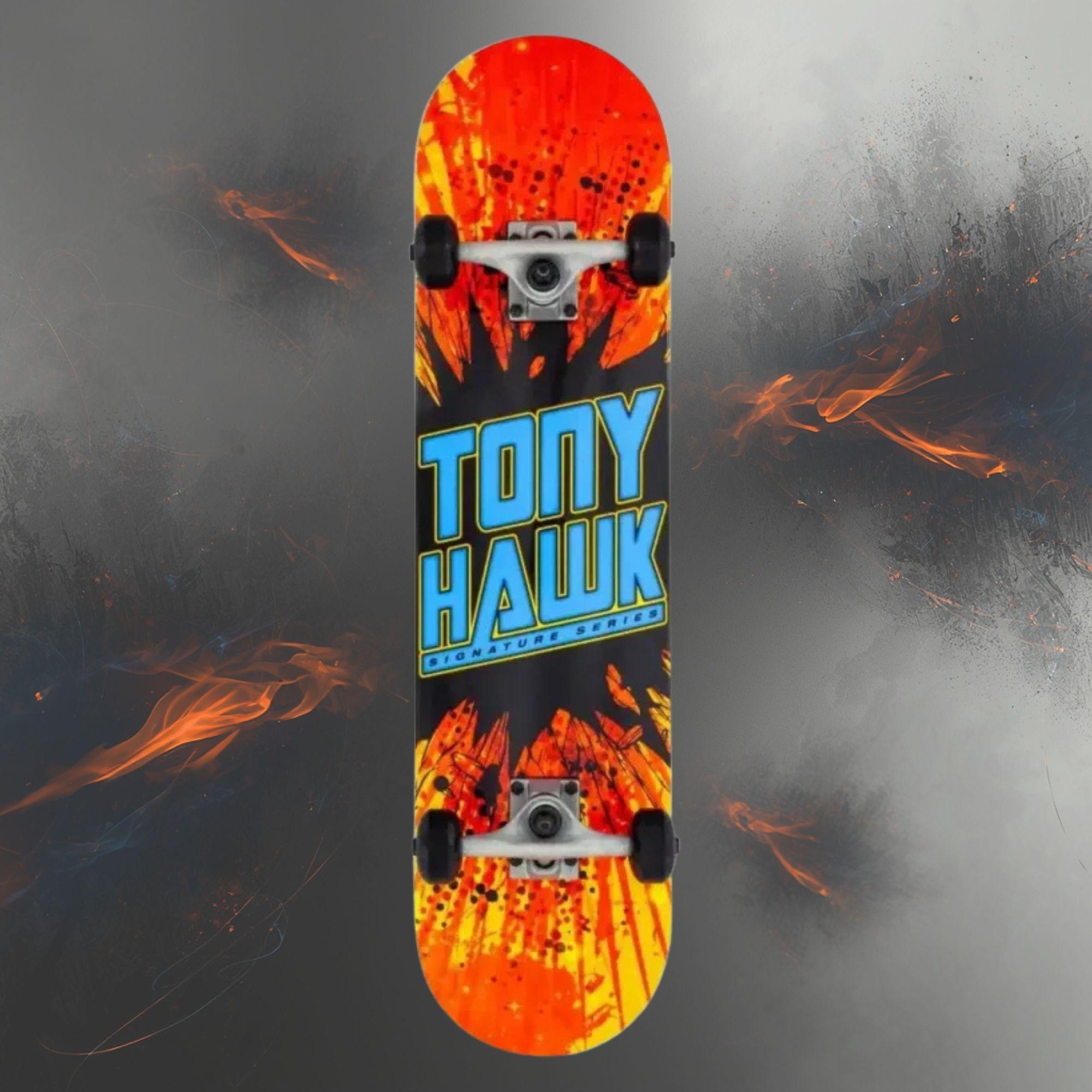 kate complet Tony Hawk Shatter Logo 7.75 orange bleu présenté sur fond graphique