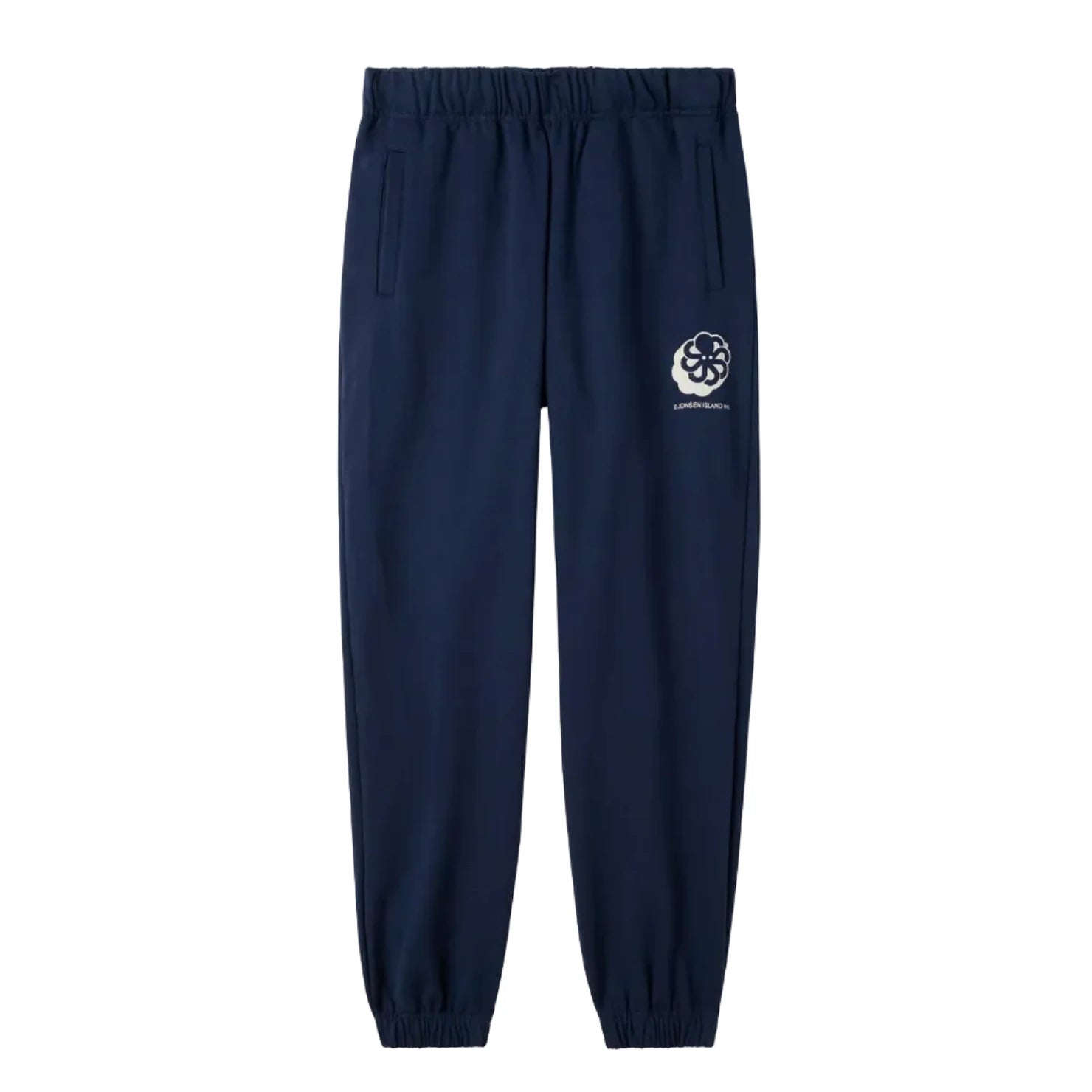 Jogging surfwear navy vu de face, taille élastiquée, bas resserrés et emblème poulpe clair placé sur la jambe