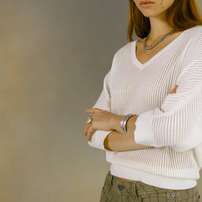 top femme blanc ajouré manche 3/4 col V