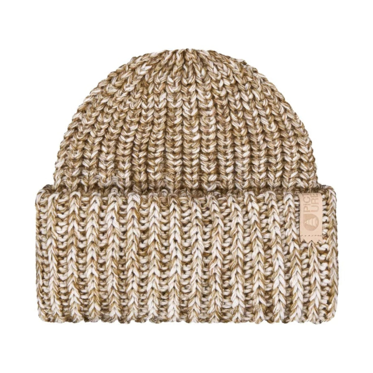 Picture Birsay Beanie Pure Cashmere présenté seul de face, large revers côtelé et maille chinée beige