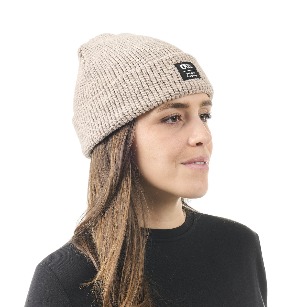 Bonnet Picture York Beanie Pure Cashmere porté de face, coupe près de la tête et large revers côtelé