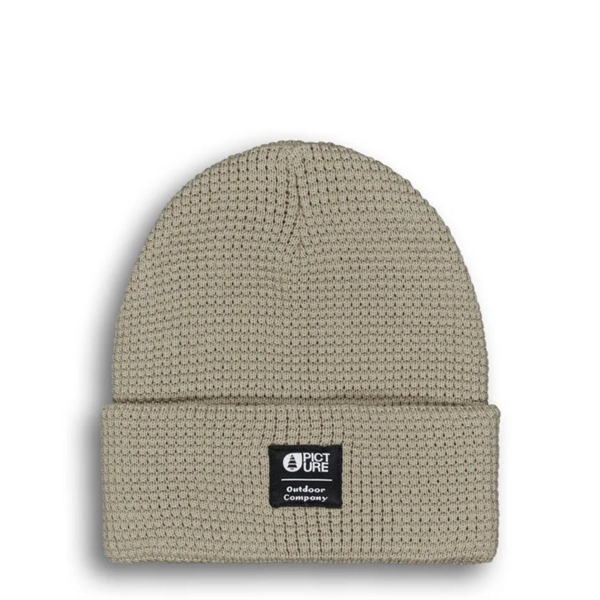 Picture York Beanie Pure Cashmere présenté seul de face, maille gaufrée beige et étiquette Picture sur le revers