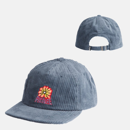 Casquette unisexe Picture Organic Clothing Bubble Cap Vintage Indigo présentée de face et de dos, velours côtelé bleu avec logo fleur brodé