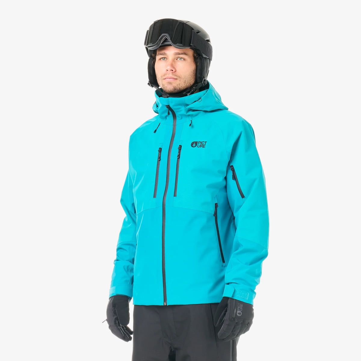 Veste de snowboard homme Picture Organic Clothing Goods JKT Capri Breeze portée de face, coloris bleu turquoise, capuche et coupe droite