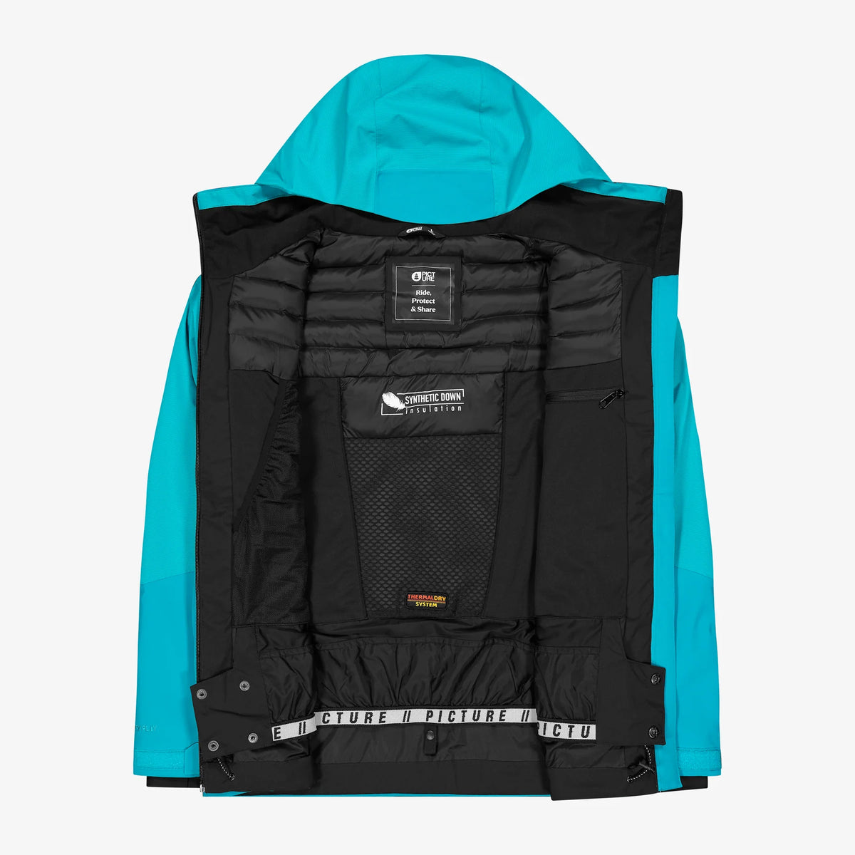 Intérieur ouvert de la veste de ski Picture Goods JKT Capri Breeze avec doublure noire et rangements intégrés