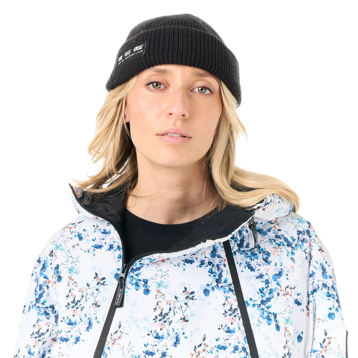 Vue rapprochée de face de la veste femme Picture Luma 1/4 Zip Schrubby Print avec col protecteur