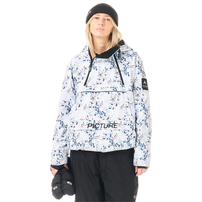 Veste anorak de ski et snowboard femme Picture Organic Clothing Luma 1/4 Zip Schrubby Print portée de face, imprimé blanc et bleu