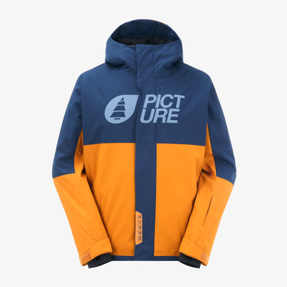Veste de ski et snowboard homme Picture Organic Clothing Basement Jacket Camel Coffee vue de face, coupe Regular et design bicolore bleu marine et orange