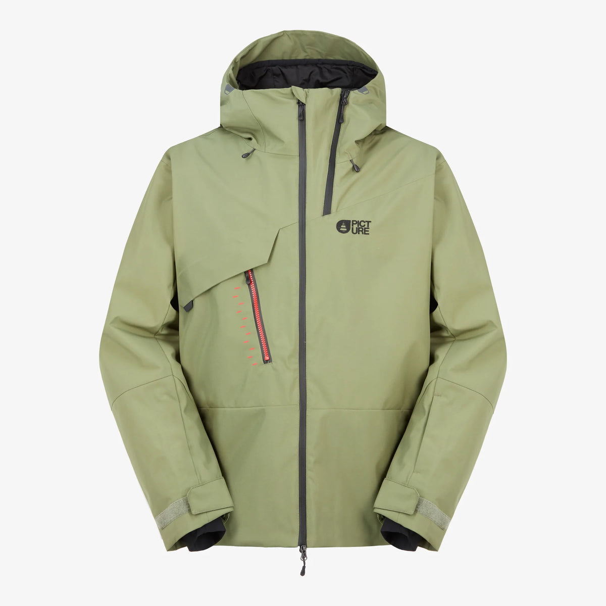 Veste de ski et snowboard homme Picture Organic Clothing Felnor JKT Olivine vue de face, coupe Regular, capuche et coloris vert olive