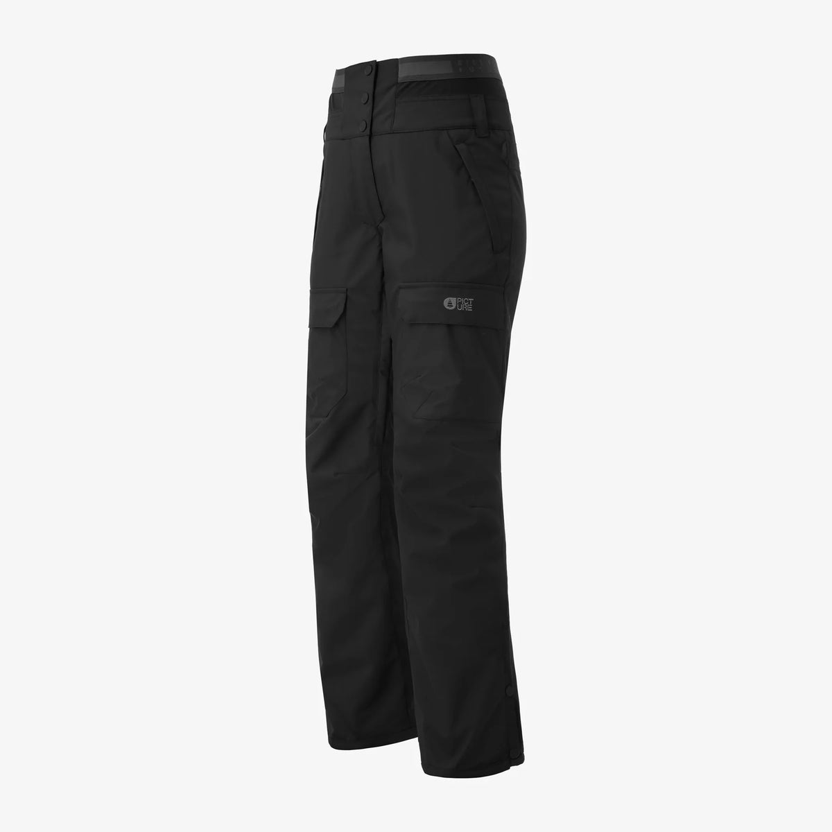 Vue latérale du pantalon de ski Picture Treva Black présenté à plat, poches et bas de jambe visibles