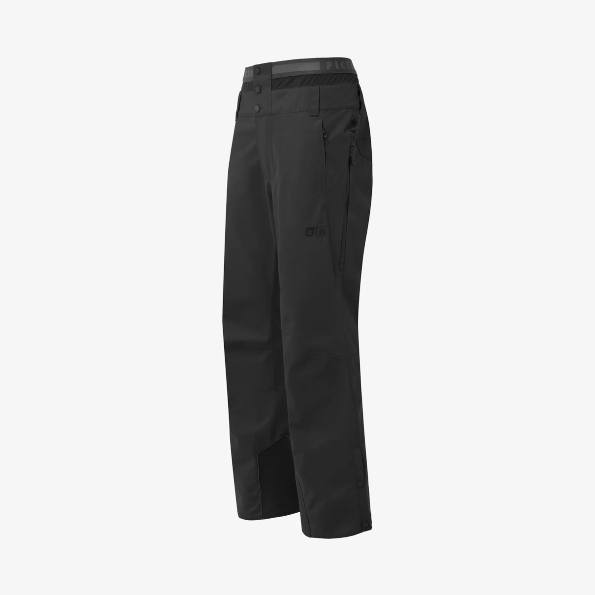 Vue de profil du pantalon de ski Picture Object Black présenté seul, poche latérale et renfort au bas de jambe