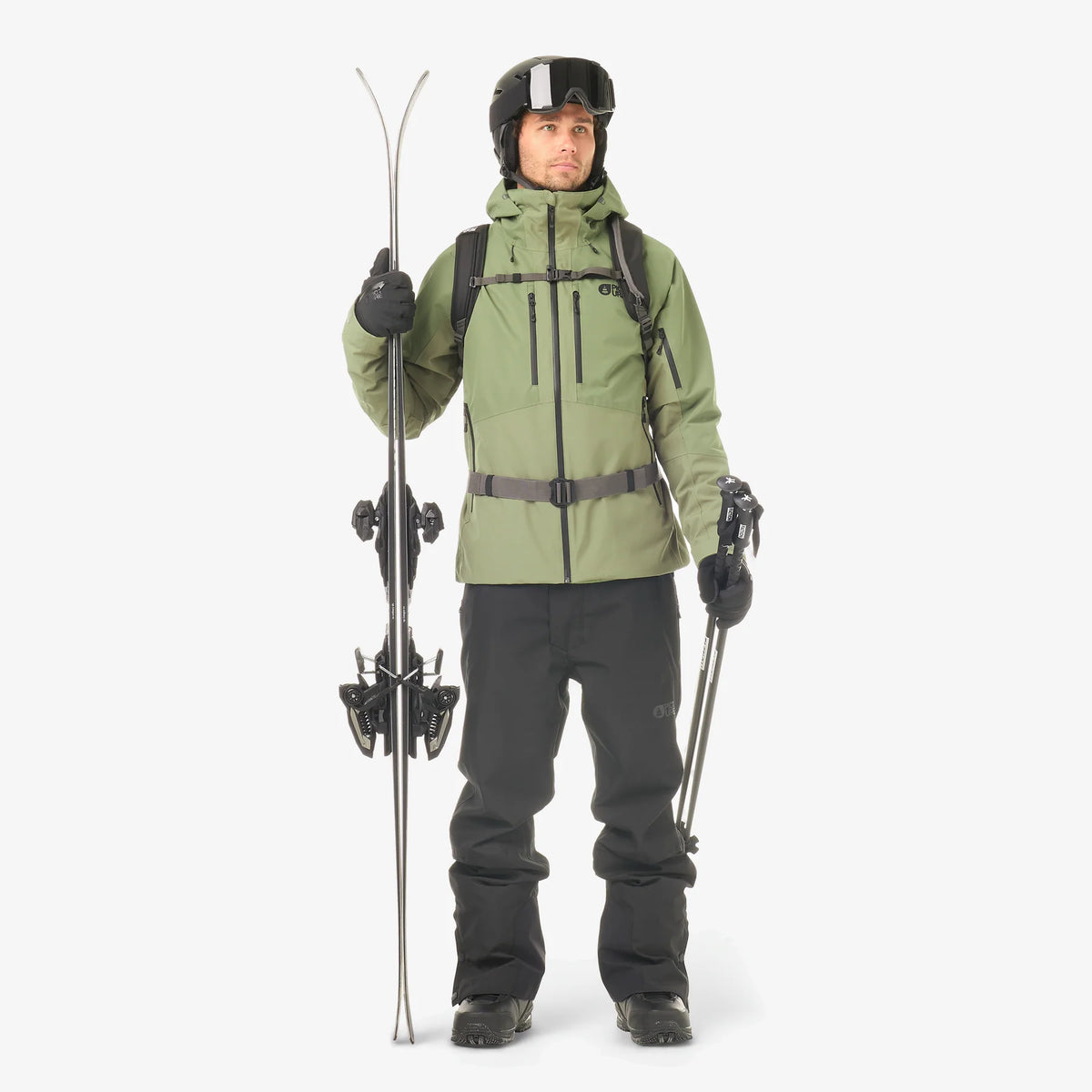 Tenue complète de ski homme avec pantalon Picture Object Black, veste verte, skis et bâtons