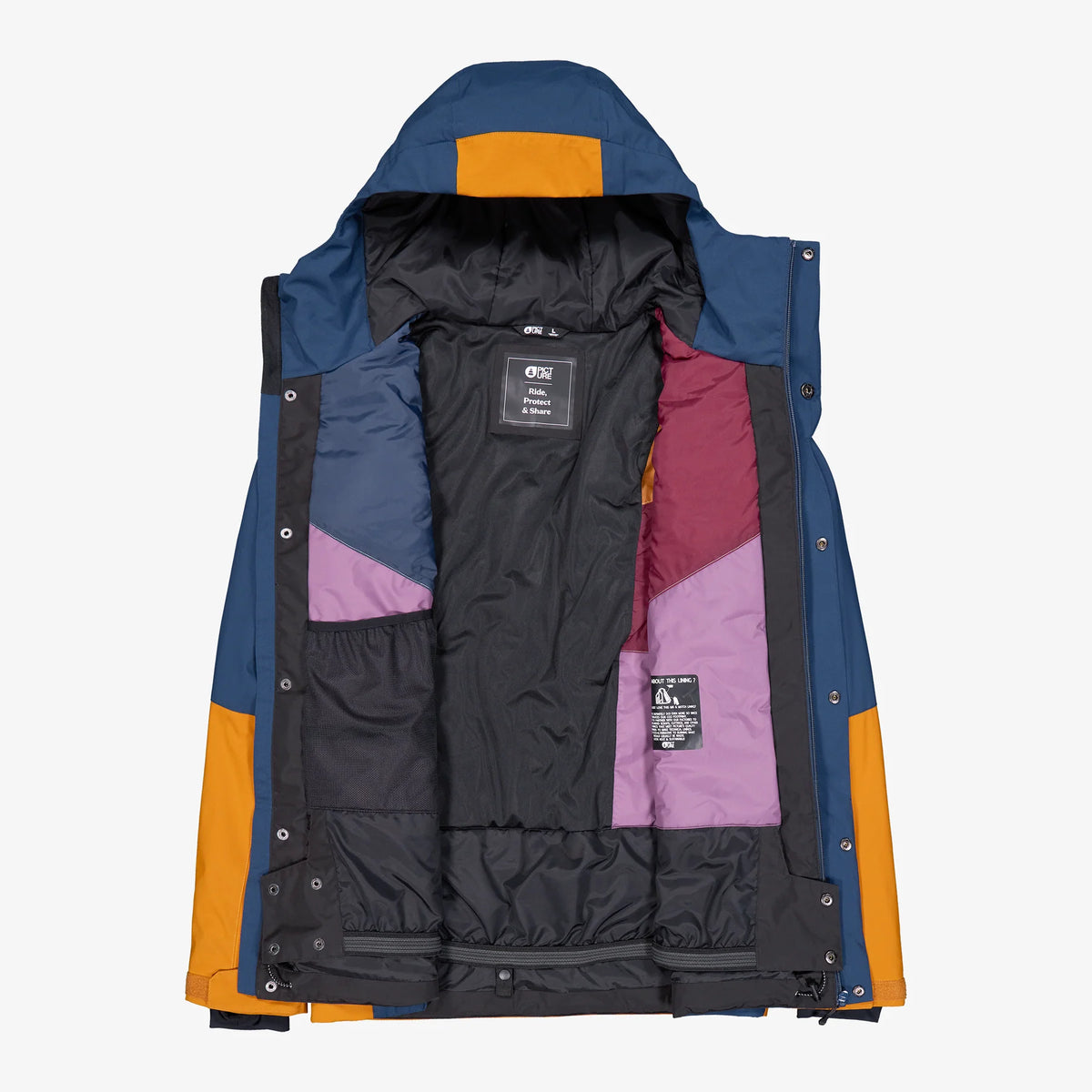 Intérieur de la veste Picture Basement Jacket Camel Coffee montrant la doublure, les poches internes et la jupe pare-neige