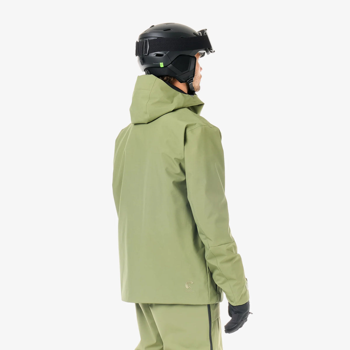 Veste de ski homme Picture Felnor JKT Olivine portée de dos, aperçu de la coupe Regular et de la capuche