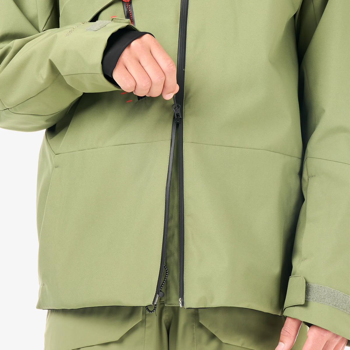 Zip frontal et bas de veste Picture Felnor JKT Olivine, détail de la fermeture et des finitions