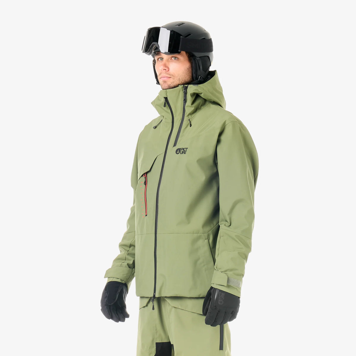 Veste de ski et snowboard homme Picture Felnor JKT Olivine portée de face, aperçu de la coupe et des poches