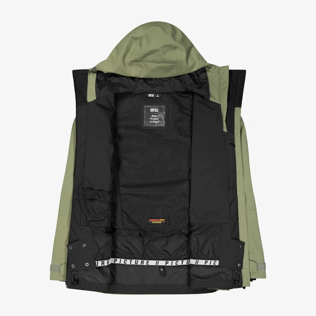 Intérieur de la veste Picture Felnor JKT Olivine montrant la doublure, les rangements internes et les finitions