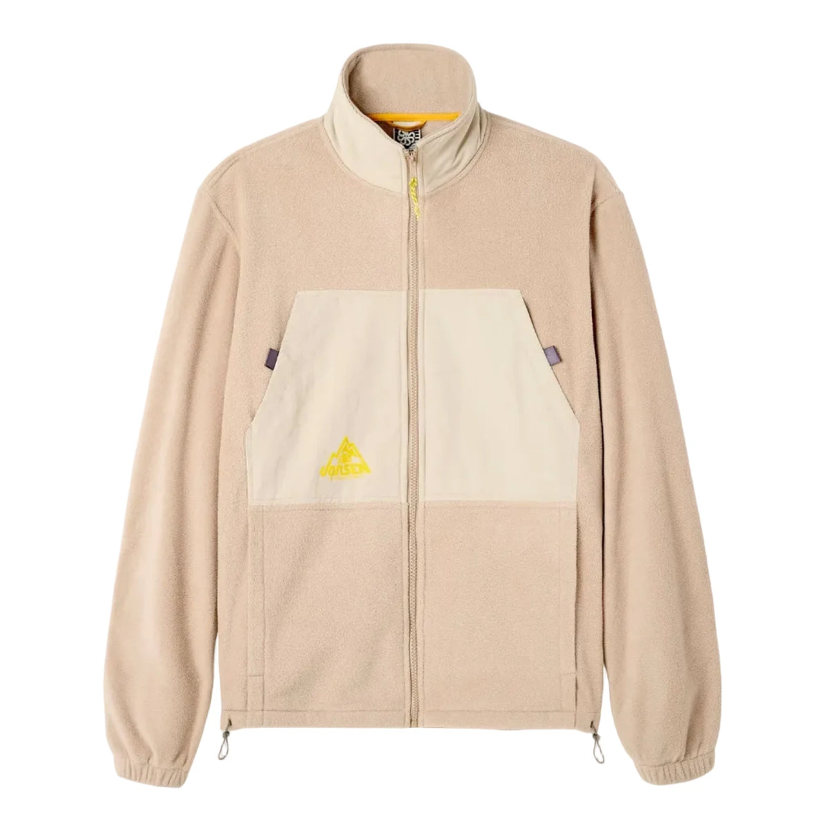 Jonsen Island Ventura présentée seule, polaire beige clair à fermeture intégrale, poche ventrale contrastée et poulpe jaune