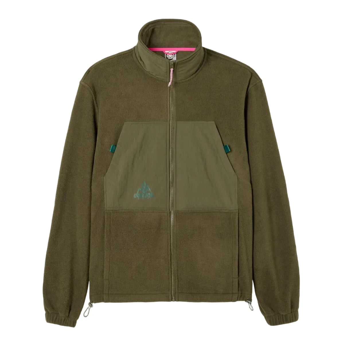 Ventura kaki vue produit, veste polaire zippée à col montant avec grande poche ventrale et petits détails turquoise