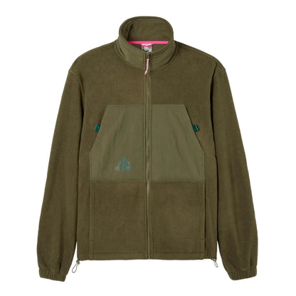 Ventura kaki vue produit, veste polaire zippée à col montant avec grande poche ventrale et petits détails turquoise