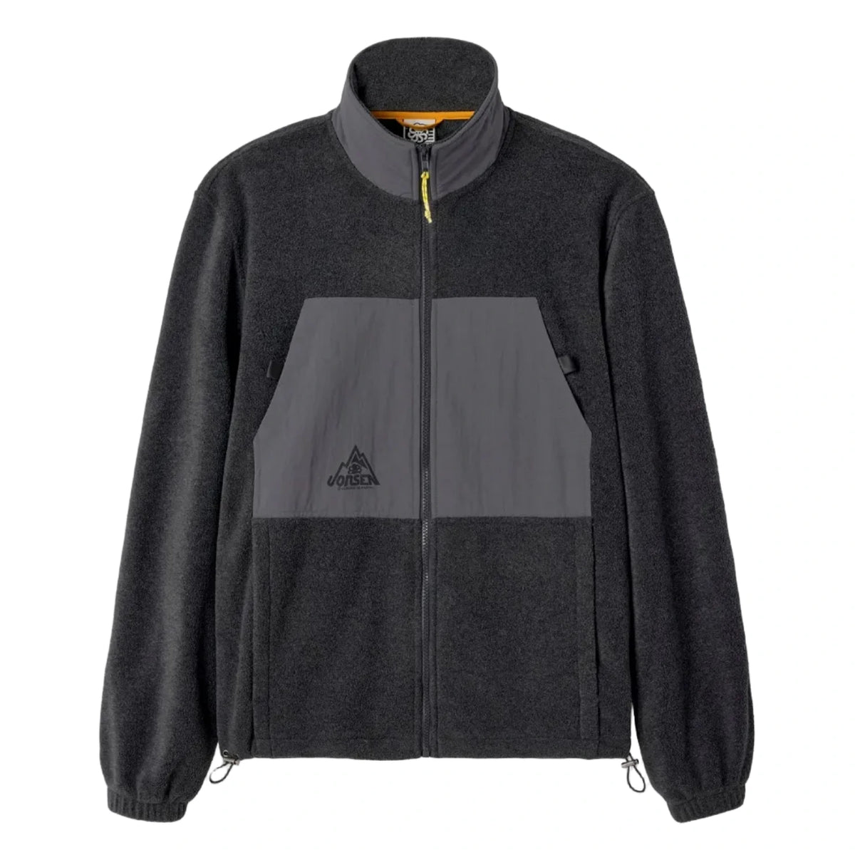 Jonsen Island Ventura Black vue produit, veste en matière polaire noire avec empiècement frontal gris et petit poulpe ton sur ton