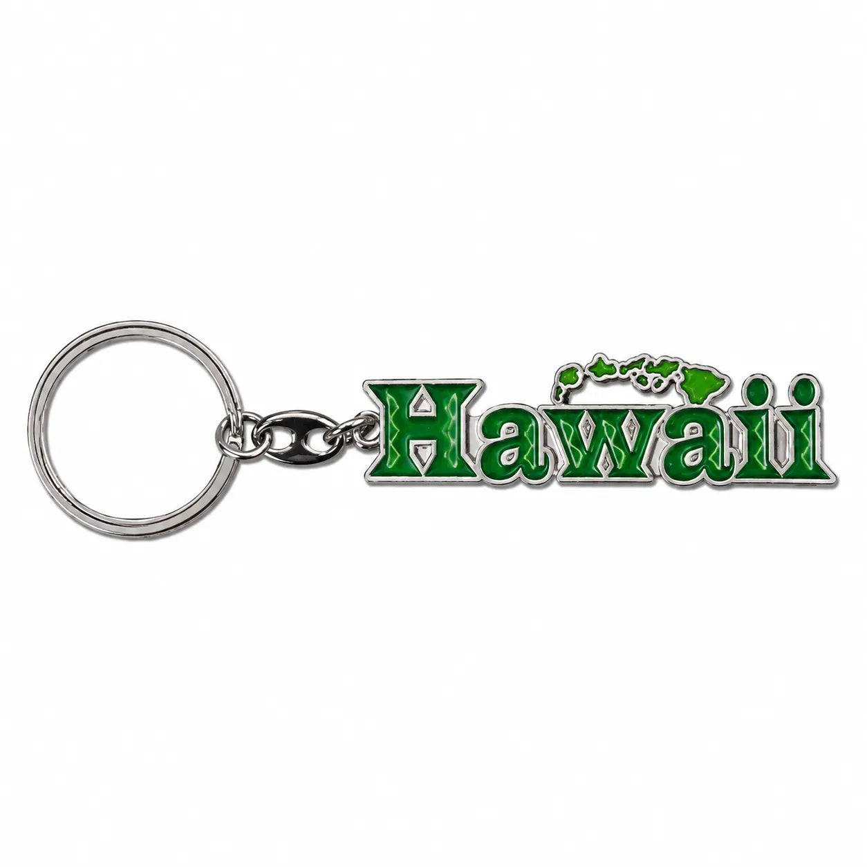 Porte-clés avec mot Hawaï en métal vert avec anneau argenté