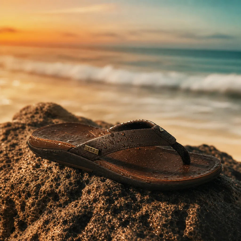 Tongs Reef Leather Offshore Dark Brown en cuir pleine fleur sur la plage au coucher de soleil