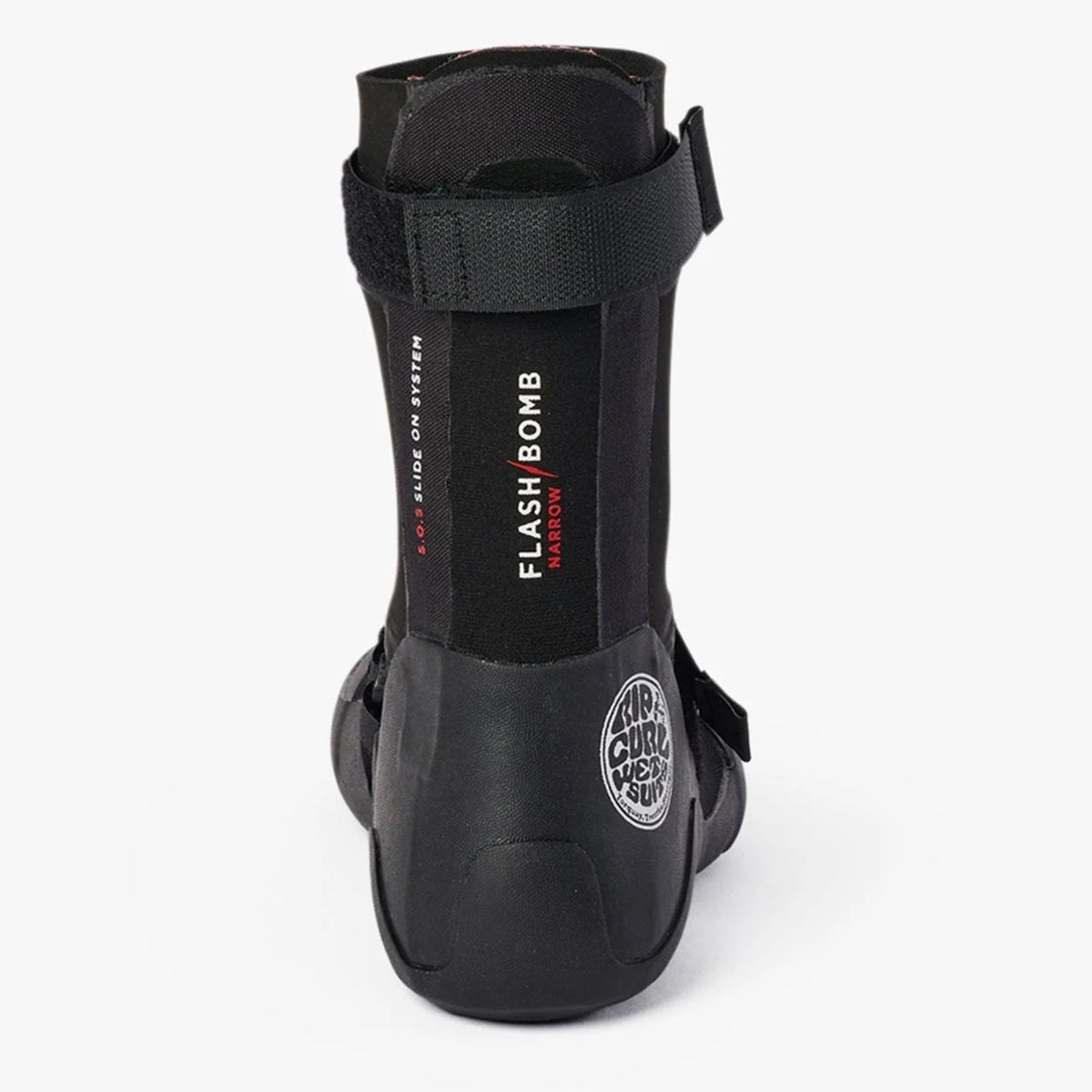 Arrière du chausson Flashbomb noir, marquage vertical sur la tige et emblème rond Rip Curl près du talon